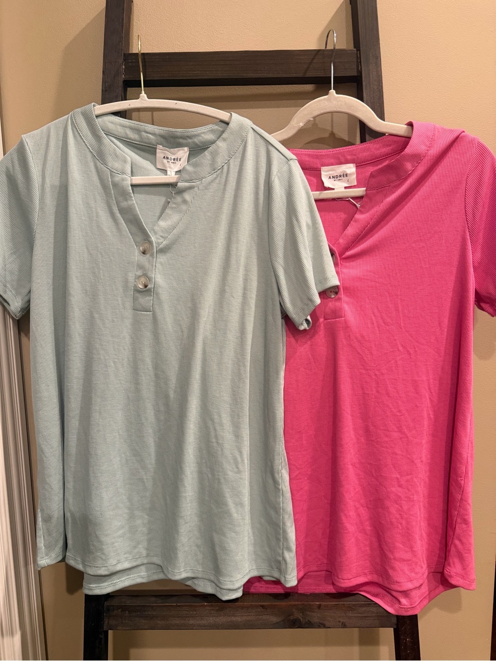 (2) Andree Short Sleeve Henley Tees in Mint and Hot Pink